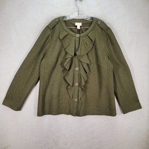Y2K Chico's Green Wool Blend Ruffled Round Neck Button Up Maximalist Jacket Coat